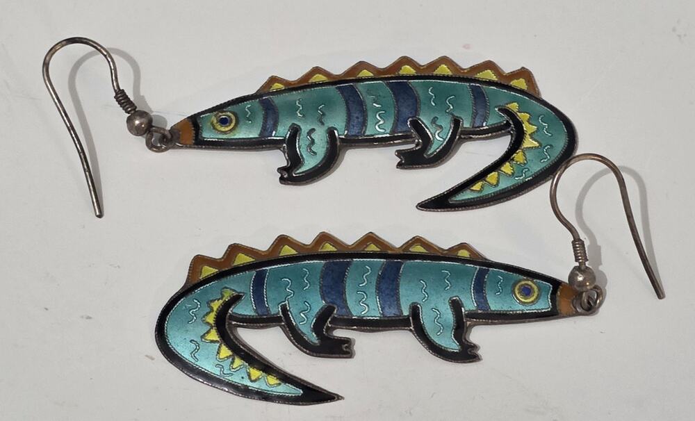 Vintage 2" Southwestern Sterling Silver enamel Lizard Earrings
